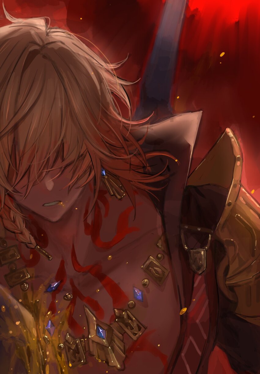 0p78xopwsj83779 1boy armor black_coat blonde_hair blood blood_on_chest braid chest_tattoo coat deep_wound earrings facial_tattoo gold_earrings gold_necklace gradient_hair hair_between_eyes highres honkai:_star_rail honkai_(series) injury jewelry liquid_gold male_focus medium_hair multicolored_hair mydei_(honkai:_star_rail) necklace open_clothes open_coat parted_lips pauldrons red_hair red_tattoo shoulder_armor side_braid single_pauldron solo tattoo