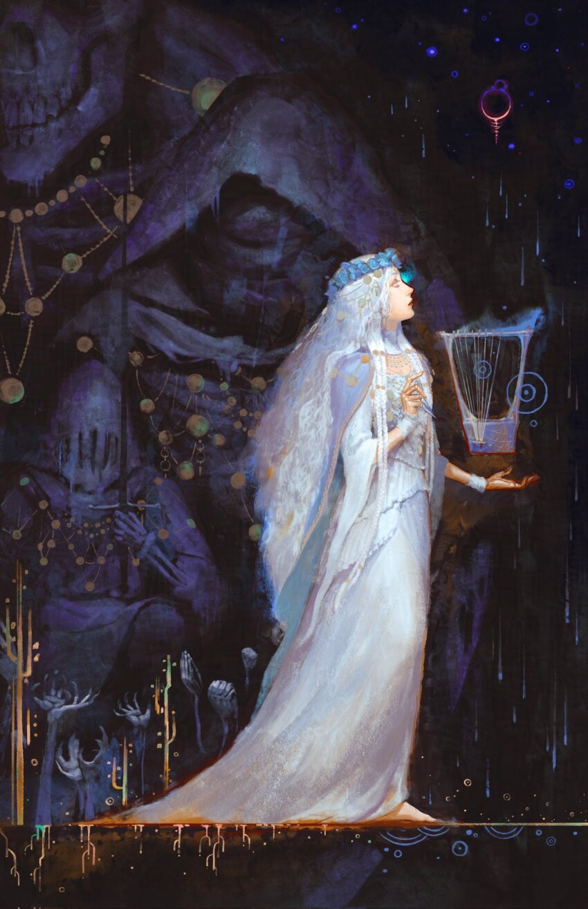 1girl black_background blue_cape blue_eyes braid cape claw_ring doll_joints elden_ring elden_ring_nightreign eyyojimbo from_side gold_trim great_rune_(elden_ring) head_wreath highres holding holding_instrument holding_lyre instrument jewelry joints long_hair low_twin_braids lyre revenant_(elden_ring) skeleton spirit standing twin_braids veil white_hair white_veil wide_sleeves