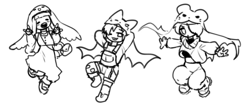 animal_hat cat_hat digimon digimon_(creature) hat monochrome mouse_hat nun rabbit_hat sistermon_blanc sistermon_ciel sistermon_noir sketch