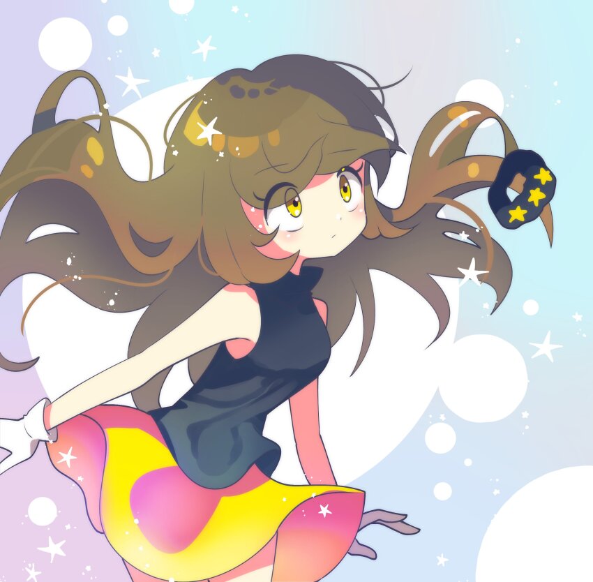 1girl :/ absurdres black_shirt brown_hair closed_mouth clothes_lift floating_hair gloves highres idol_(rhythm_tengoku) long_hair looking_up offbeat rhythm_tengoku shirt simple_background skirt skirt_lift sleeveless solo sparkle star_(symbol) very_long_hair yellow_eyes yellow_skirt