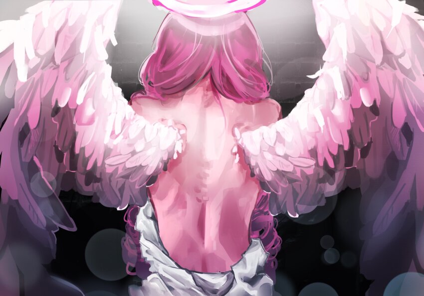 1girl angel angel_wings back backless_dress backless_outfit colored_skin cookie_run cookie_run:_kingdom demon_girl demon_wings dress eternal_sugar_cookie halo highres long_hair pink_hair pink_skin purevanilababo sitting solo very_long_hair white_dress wings