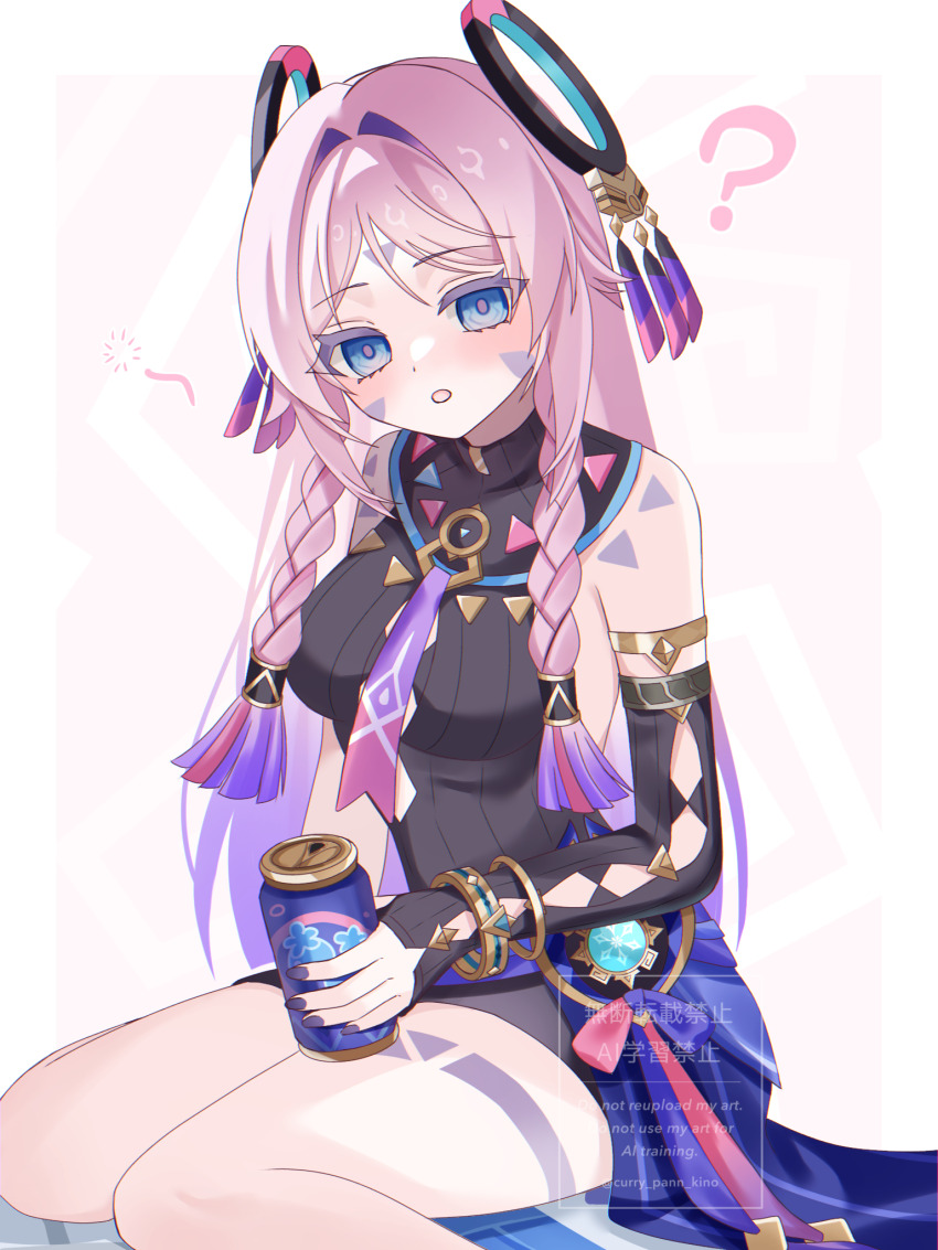 1girl ? black_leotard blue_eyes blush breasts can citlali_(genshin_impact) facial_mark floating_headgear genshin_impact hair_intakes headgear highres holding holding_can kino_(curry_pan) leotard long_hair looking_at_viewer medium_breasts open_mouth parted_bangs pink_hair pink_pupils purple_skirt ribbed_leotard ring_hair_ornament simple_background skirt solo triangle triangle_facial_mark vision_(genshin_impact) watermark white_background