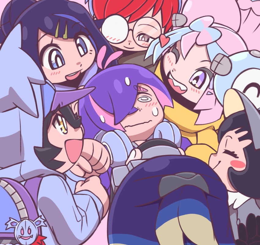 absurdres baseball_cap black_gloves black_hair black_hoodie blue_eyes blue_hair blush blush_stickers bonnet bow-shaped_hair camera character_hair_ornament closed_eyes closed_mouth colored_inner_hair dot_(pokemon) dress eyelashes fake_hair_bun gen_1_pokemon glasses gloves green_hair_ornament grey_dress grey_eyes hair_bun hair_ornament hair_over_eyes hairclip hat headphones heart highres holding holding_camera hood hood_up hoodie icydirtball iono_(pokemon) jacket light_smile liko_(pokemon) long_hair long_sleeves magnemite meme multicolored_hair multiple_girls nervous_sweating nintendo nyabiko_(pokemon) open_clothes open_mouth oversized_clothes penny_(pokemon) perrin_(pokemon) photographer pink_hair pokemon pokemon_(anime) pokemon_horizons pokemon_sv ponytail poppy_(pokemon) purple_bag purple_hair red_hair round_eyewear sharp_teeth short_hair short_ponytail smile sonic_surrounded_by_amy_plush_dolls_(meme) split-color_hair sweat teeth two-tone_hair visor_cap white_nails yellow_eyes yellow_jacket