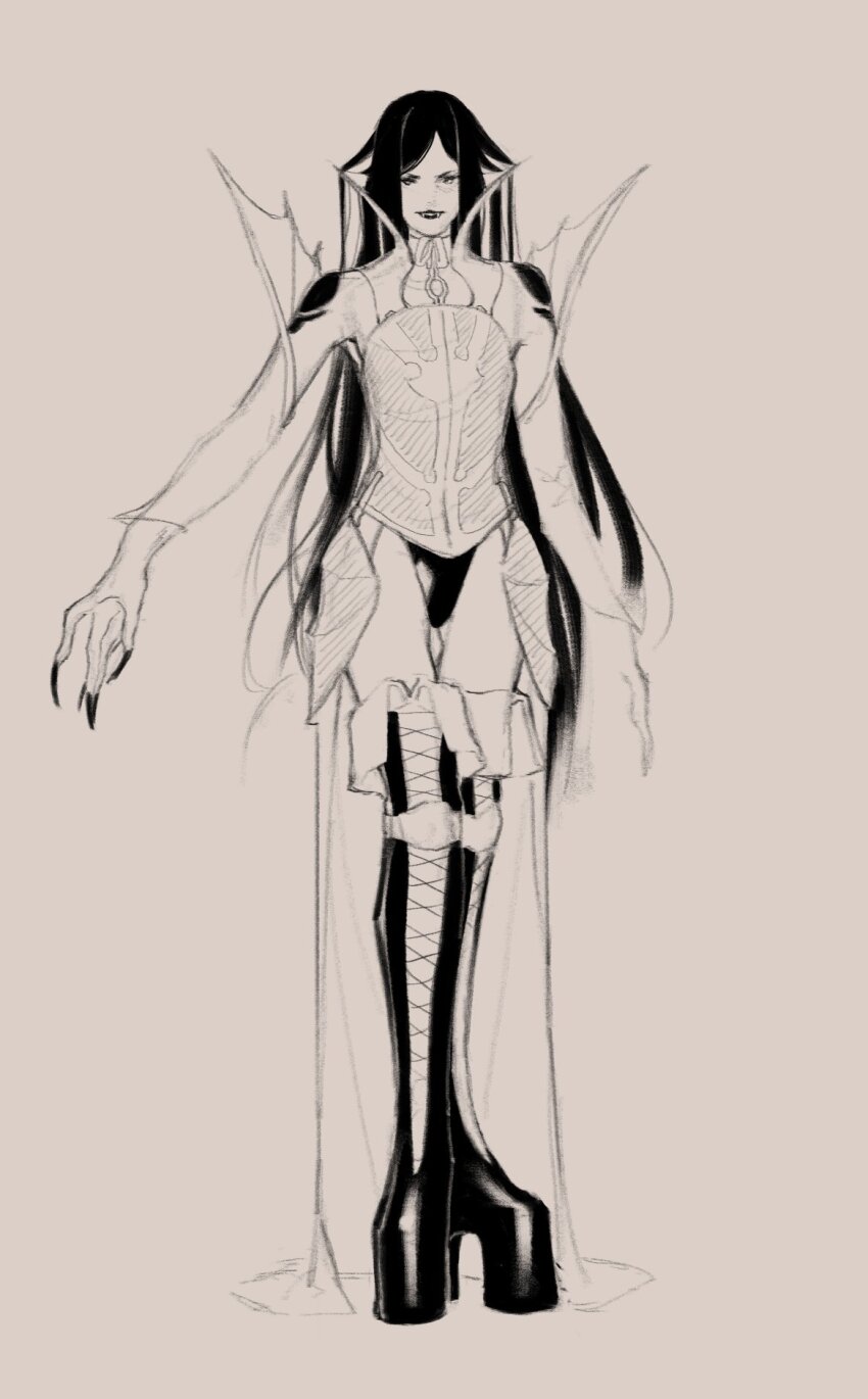 1girl armor black_hair boots castlevania:_order_of_ecclesia castlevania_(series) cuirass detached_sleeves fangs faulds fingernails harsh-mallowz high_collar highres long_fingernails long_hair monochrome parted_bangs platform_boots shanoa_(castlevania) sharp_fingernails smile tattoo thigh_boots thong vampire very_long_hair