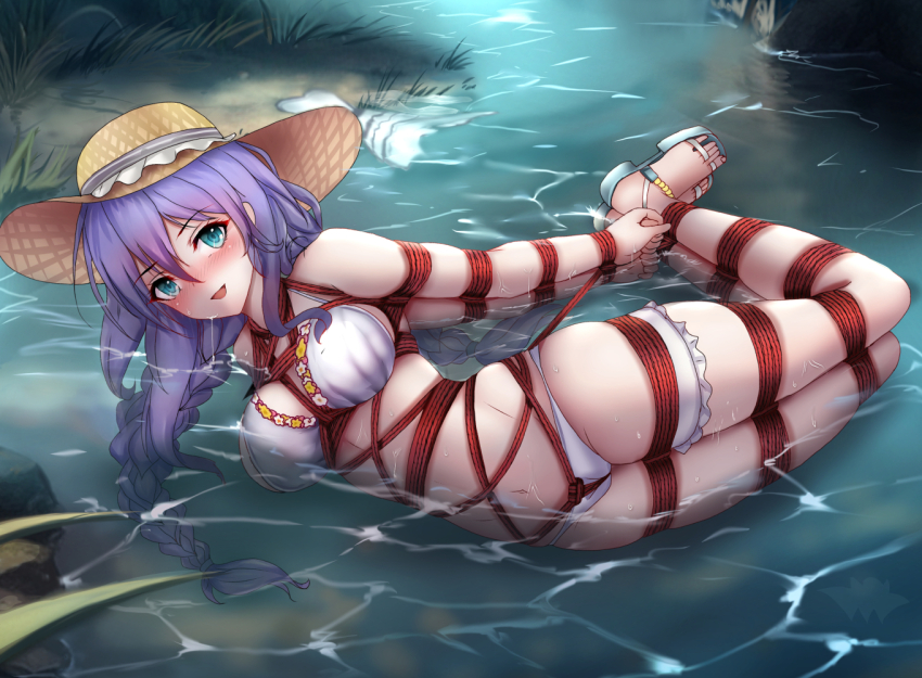 1girl aqua_eyes bdsm bianfu_yeyue bikini blush bondage bound braid commentary_request crotch_rope grass hat hogtie long_hair looking_at_viewer lying on_side partially_submerged princess_connect! purple_hair sand shibari shizuru_(princess_connect!) skindentation solo straw_hat swimsuit thigh_strap twin_braids water