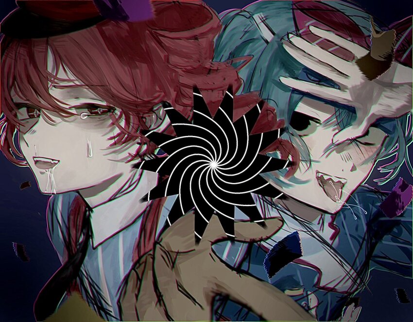 2girls blue_dress blue_hair blue_shirt bow collared_dress collared_shirt dress drooling hair_bow hashtag-only_commentary hatsune_miku highres kasane_teto mesmerizer_(vocaloid) multiple_girls pinstripe_bow pinstripe_dress pinstripe_pattern pinstripe_shirt red_bow red_eyes red_hair sailor_collar saliva sharp_teeth shirt spiral star-shaped_eyewear star_(symbol) sweatdrop teeth tongue tongue_out u2_22315 upper_body upper_teeth_only utau vocaloid wing_collar