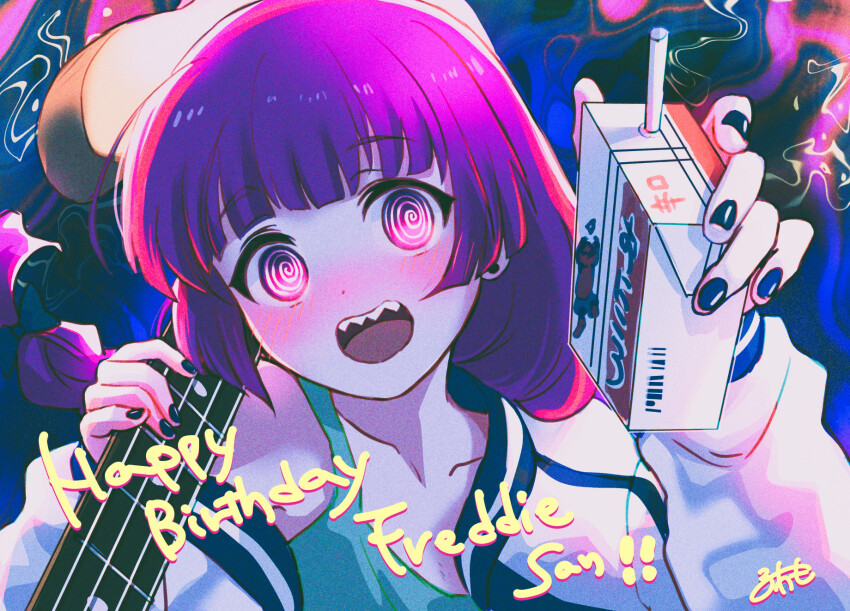 1girl @_@ alcohol bass_guitar blush bocchi_the_rock! bottle braid dress drunk fuwamoko_momen_toufu green_dress highres hiroi_kikuri instrument jacket long_hair open_mouth purple_hair sake sake_bottle single_braid smile solo teeth
