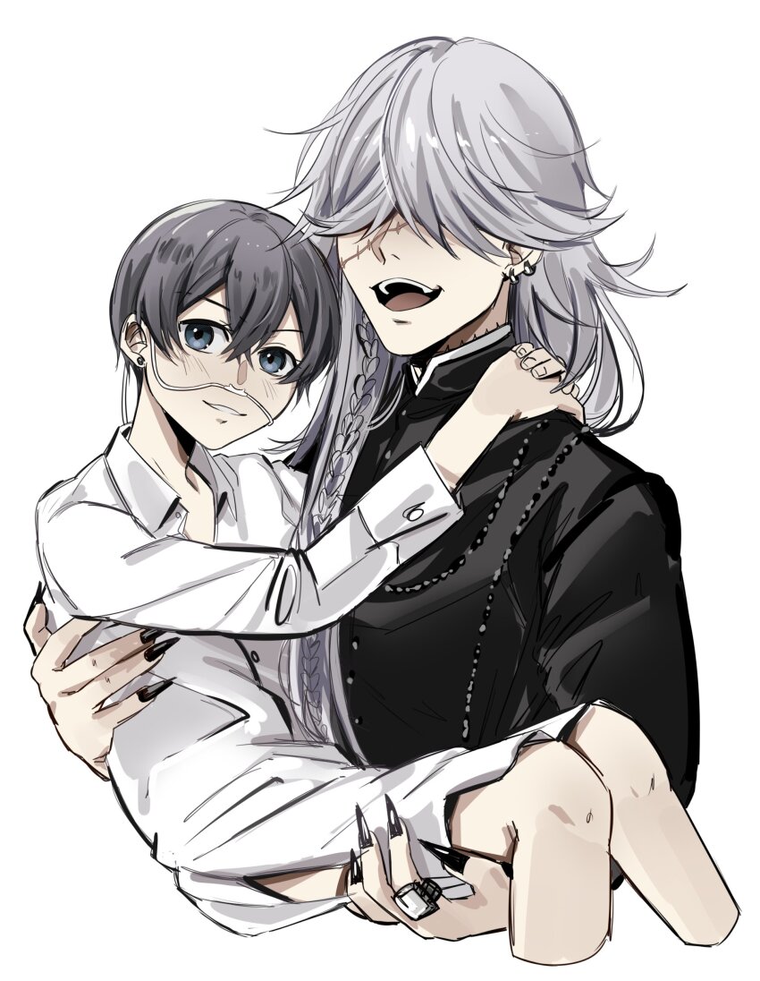 2boys absurdres black_nails blue_eyes blush carrying ciel_phantomhive&#039;s_brother earrings fingernails grey_hair hair_over_eyes highres jewelry kuroshitsuji long_fingernails long_hair male_focus multiple_boys open_mouth pale_skin princess_carry scar shirt short_hair smile teeth undertaker_(kuroshitsuji) uneasywolf upper_teeth_only