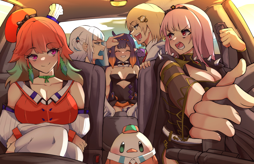 1340smile 5girls ^_^ angry arguing arms_under_breasts bare_shoulders beret blonde_hair blue_eyes blue_hair blunt_bangs breasts car_interior chef_hat cleavage clenched_hand closed_eyes collarbone commentary detached_sleeves earrings english_commentary feather_earrings feathers gawr_gura gawr_gura_(1st_costume) gradient_hair green_hair grin hair_ornament hairclip hat highres hololive hololive_english holomyth jewelry kfp_employee_(takanashi_kiara) large_breasts long_hair long_sleeves looking_at_another looking_at_viewer mori_calliope mori_calliope_(1st_costume) multicolored_hair multiple_girls multiple_hats necktie ninomae_ina&#039;nis ninomae_ina&#039;nis_(1st_costume) open_mouth orange_hair pink_eyes pink_hair pointing pointing_at_another pointy_ears purple_hair red_eyes red_necktie shirt short_hair shoulder_spikes sideways_mouth sitting small_breasts smile spikes streaked_hair takanashi_kiara takanashi_kiara_(1st_costume) takodachi_(ninomae_ina&#039;nis) thighhighs tiara tilted_headwear two-tone_hair v-shaped_eyebrows virtual_youtuber watson_amelia watson_amelia_(1st_costume) white_hair white_shirt white_thighhighs