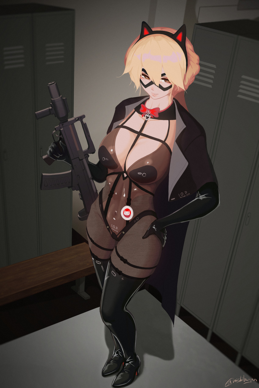 1girl absurdres animal_ears black_boots blonde_hair bodysuit bondage_outfit boots bow bowtie breasts brown_eyes cat_ears covered_navel eye_mask fake_animal_ears full_body gachimuchi girls&#039;_frontline girls&#039;_frontline:_fire_control gun hand_on_own_hip highres holding holding_gun holding_weapon indoors locker locker_room mask medium_breasts nishibuya official_alternate_costume ots-14_(girls&#039;_frontline) parted_lips red_bow red_bowtie signature smile solo standing thigh_boots weapon