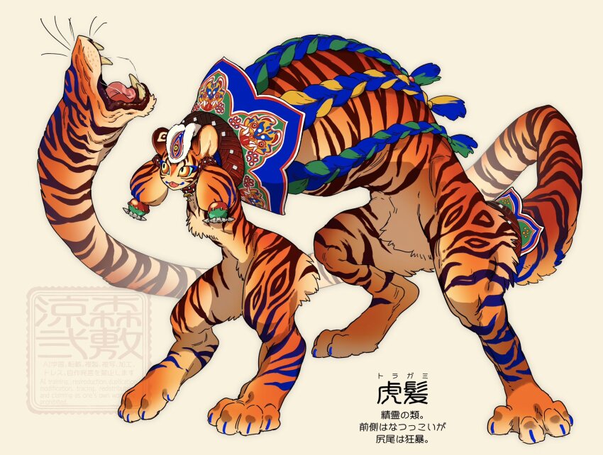 1boy :3 animal_ears blue_sclera body_fur colored_sclera commentary_request digitigrade extra_mouth full_body highres li_sakura male_focus monster_boy open_mouth orange_fur orange_hair original simple_background solo standing tail tail_mouth tiger_boy tiger_ears tiger_tail tongue tongue_out yellow_background yellow_eyes