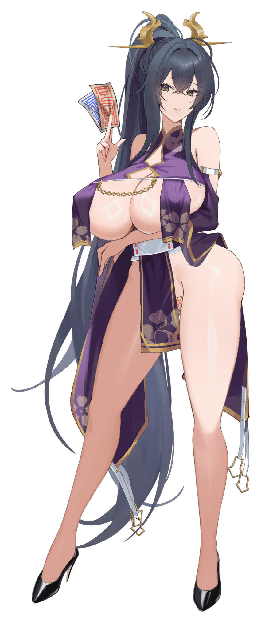 1girl absurdres arm_under_breasts armlet bare_hips bare_legs bare_shoulders between_fingers black_hair breast_curtains breasts chain cleavage crossed_bangs exorcist_lady_reika eyes_visible_through_hair full_body furisode_sleeves game_cg gold_chain green_eyes groin hair_between_eyes happy high_heels highres holding huge_breasts japanese_clothes jewelry kirishima_reika light_smile long_bangs long_hair long_sidelocks looking_to_the_side maebari mandarin_collar non-web_source obi official_art ofuda ofuda_between_fingers ofuda_on_pussy pelvic_curtain ponytail pumps revealing_clothes sash shiny_skin sidelocks smile solo stiletto_heels tachi-e thick_thighs thighs transparent_background tsurime very_long_hair