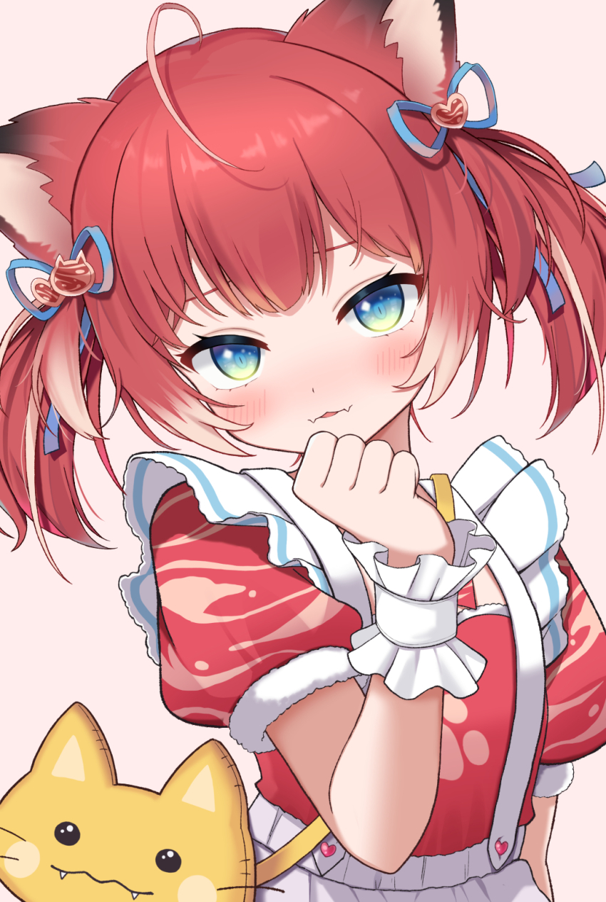 1girl ahoge akami_karubi animal_ears arm_behind_back bag blue_eyes blush dress fangs hair_between_eyes hair_ornament hair_ribbon hand_to_own_mouth handbag head_tilt highres indie_virtual_youtuber kazumiya_yayoi looking_at_viewer multicolored_eyes paw_print red_dress red_hair ribbon solo two-tone_eyes virtual_youtuber white_dress white_wrist_cuffs wrist_cuffs yellow_eyes