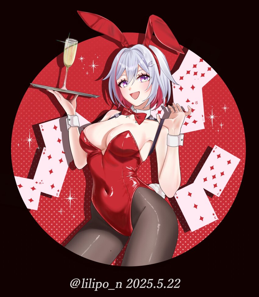 1girl absurdres alternate_costume animal_ear_hairband animal_ears black_pantyhose blue_eyes bow bowtie breasts card champagne_flute colored_inner_hair commentary covered_navel cup dated detached_collar drinking_glass fake_animal_ears fake_tail hairband highres holding holding_tray honkai:_star_rail honkai_(series) large_breasts leotard lilipon medium_hair multicolored_hair open_mouth pantyhose playboy_bunny playing_card rabbit_ears rabbit_tail red_bow red_bowtie red_hair red_leotard solo symbol-only_commentary tail topaz_(honkai:_star_rail) tray twitter_username two-tone_hair white_hair wrist_cuffs