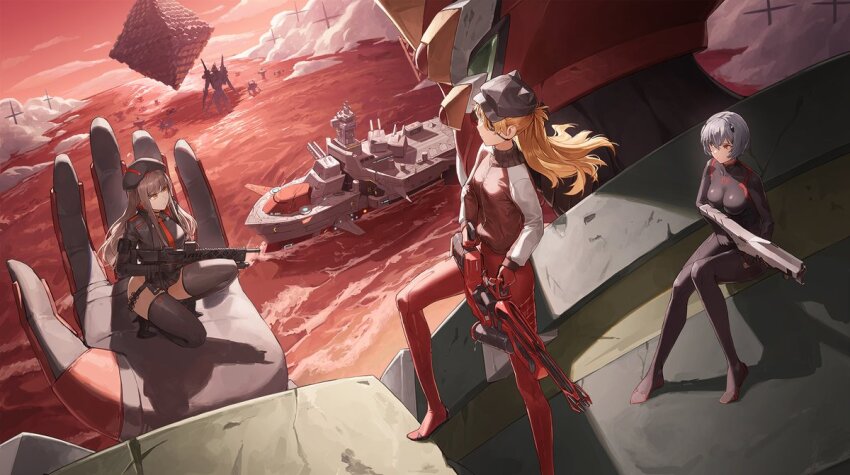 3girls admire_(nikke) ayanami_rei beret black_bodysuit black_thighhighs blue_hair bodysuit breasts brown_hair cotta_(heleif) crossover eva_02 eyepatch floating floating_object goddess_of_victory:_nikke bad_tag gun hat holding holding_gun holding_weapon long_hair mecha mecha_pilot_suit military_vehicle multiple_girls neon_genesis_evangelion ocean orange_hair outdoors rapi_(nikke) red_bodysuit red_eyes red_sky red_water robot ship short_hair sky souryuu_asuka_langley thighhighs warship watercraft weapon