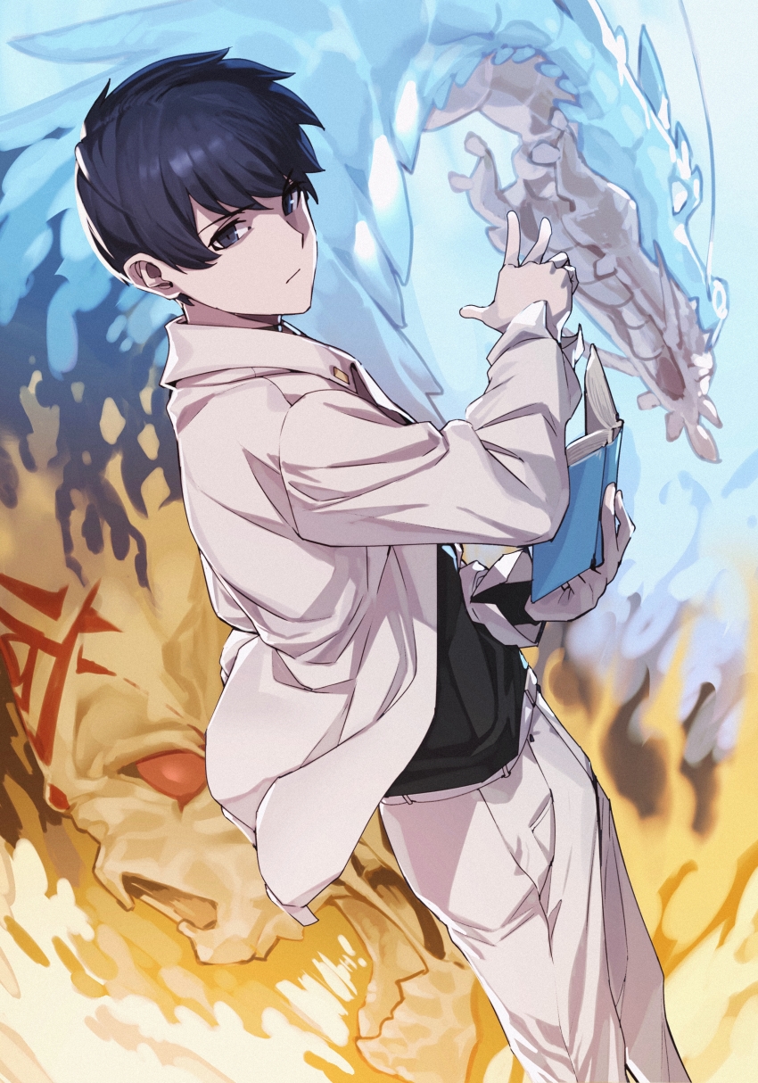 1boy absurdres black_hair black_shirt blue_eyes book chaeg_meogneun_mabeobsa cover cover_image cover_page dragon fire hair_behind_ear highres holding holding_book jacket jin_rou looking_at_viewer male_focus official_art open_mouth pants shirt skull solo white_jacket white_pants