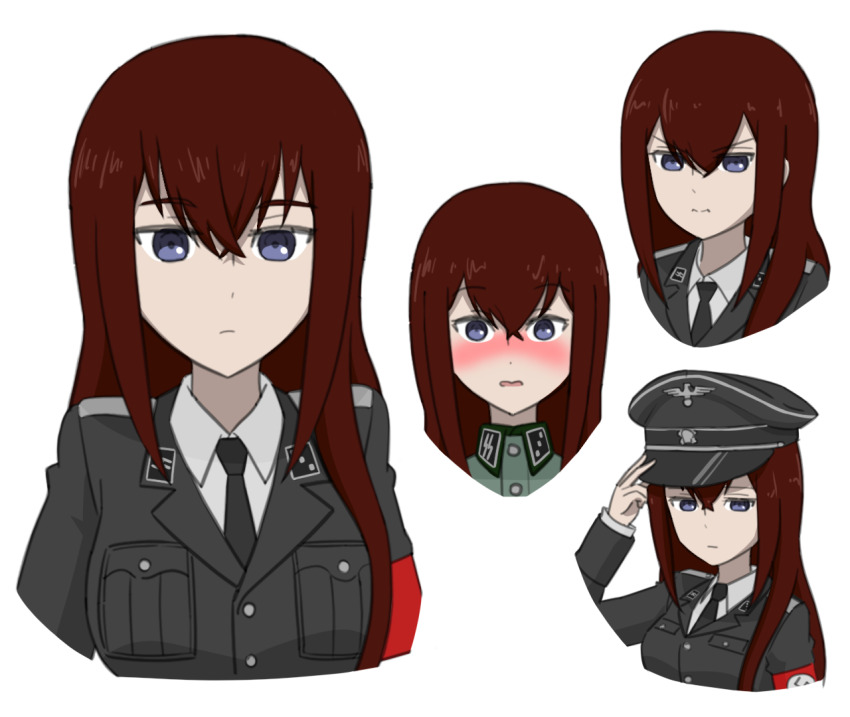 1girl armband black_cat03 black_necktie blush breasts buttons collar_tabs commission embarrassed expressionless germany hand_on_own_hat hat hat_ornament jacket lapels long_hair long_sleeves makise_kurisu medium_breasts military military_dress_uniform military_jacket military_uniform nazi nazi_flag necktie open_mouth peaked_cap pout purple_eyes red_hair reichsadler shirt siegrunen skull_hat_ornament soldier solo ss_insignia ss_uniform steins;gate swastika totenkopf waffen-ss white_undershirt world_war_ii