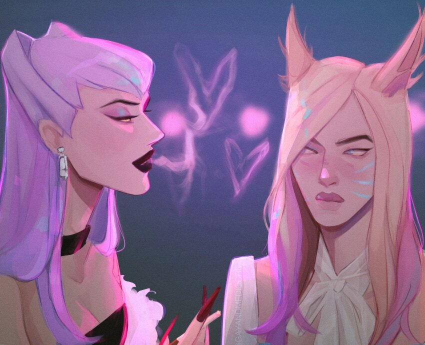 2girls ahri_(league_of_legends) animal_ears black_dress blonde_hair blowing_smoke blush breasts colored_smoke cone_hair_bun demon_girl dress evelynn_(league_of_legends) fox_ears fox_girl hair_bun heart highres k/da_(league_of_legends) k/da_all_out_ahri k/da_all_out_evelynn league_of_legends lisamar1exo long_hair looking_at_another multiple_girls shirt smoke smoking white_hair white_shirt yuri