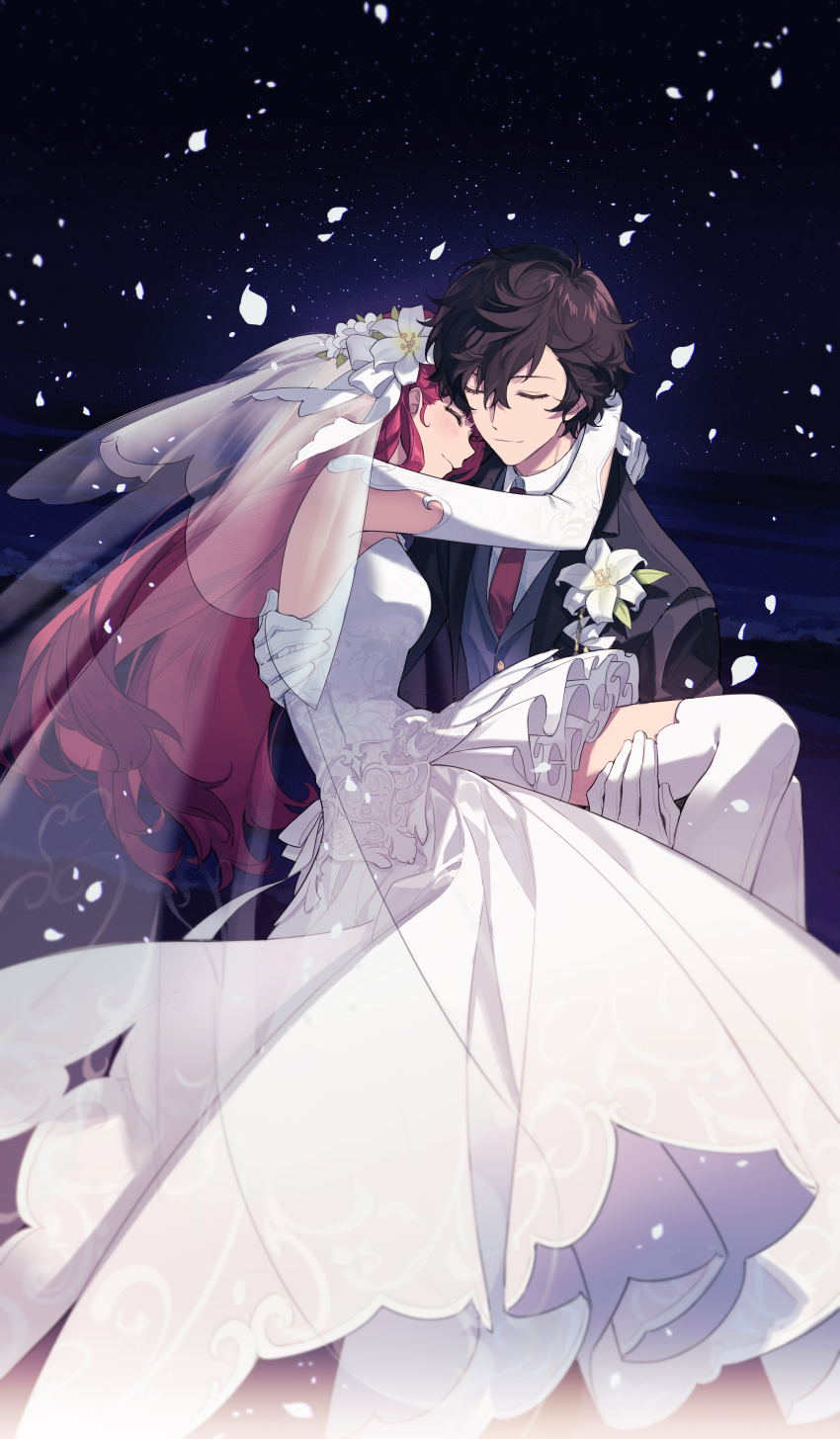 1boy 1girl absurdres amamiya_ren bare_shoulders black_hair black_suit blush bridal_veil bride carrying carrying_person closed_eyes closed_mouth commentary_request couple detached_sleeves dress elbow_gloves floating_hair flower formal_clothes gloves groom hair_between_eyes hair_flower hair_ornament hetero highres lily_(flower) long_hair messy_hair necktie night night_sky persona persona_5 persona_5_the_royal petals princess_carry profile red_hair red_necktie shirt short_hair sky smile star_(sky) suit thighhighs tsubsa_syaoin veil wedding_dress white_dress white_flower white_gloves white_lily white_shirt white_thighhighs yoshizawa_kasumi