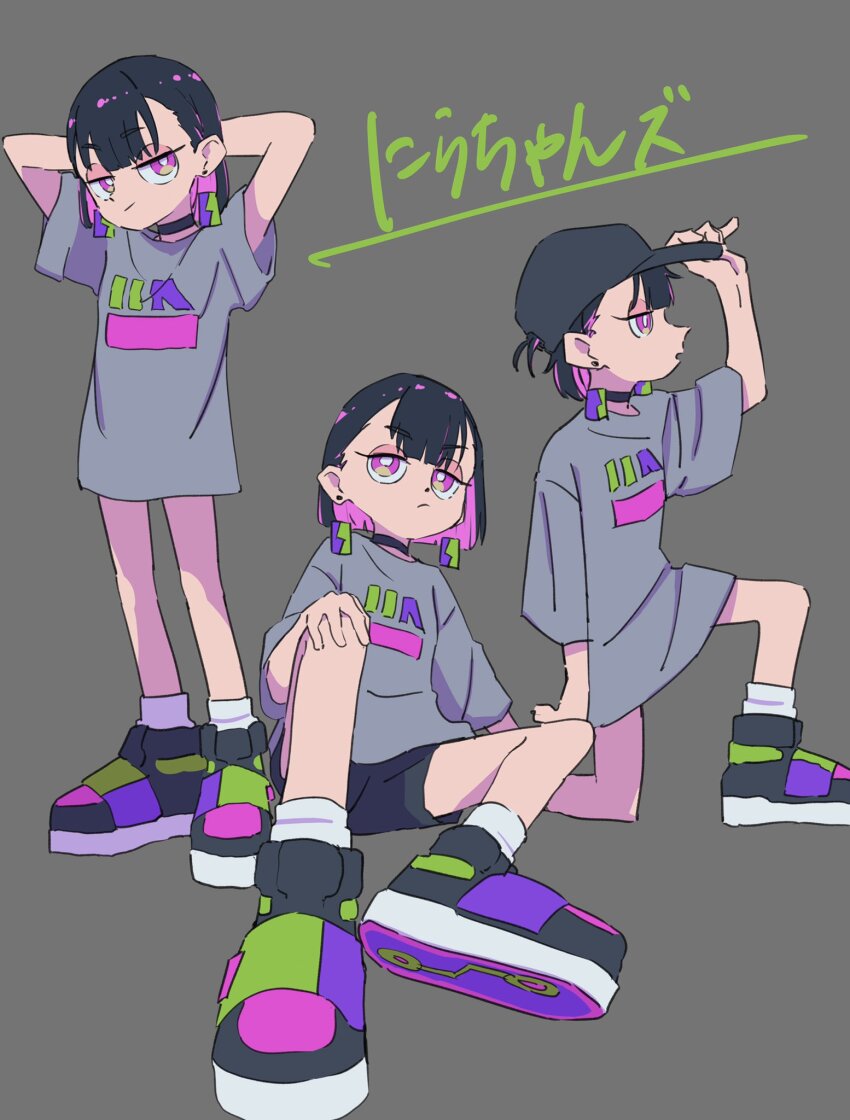 1girl arms_behind_head baseball_cap black_choker black_hair black_hat black_shoes character_name choker closed_mouth colored_inner_hair earrings from_side frown grey_background grey_shirt hand_on_headwear hand_on_own_knee hat highres ishukorechica jewelry jitome kneeling looking_at_viewer looking_up multicolored_hair multiple_views nira-chan nira-chan_(obenkyou_shitoiteyo)_(zutomayo) obenkyou_shitoiteyo parted_lips pink_eyes pink_hair shirt shoes short_hair sitting smile socks standing streaked_hair white_socks wide_sleeves zutto_mayonaka_de_ii_no_ni