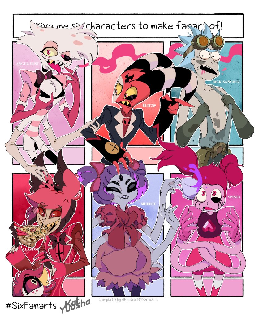 2girls 4boys absurdres alastor_(hazbin_hotel) angel_dust bad_link blitzo_(helluva_boss) cup eating food hazbin_hotel helluva_boss highres holding holding_cup holding_food holding_pizza kat_yuusha muffet multiple_boys multiple_girls niffty_(hazbin_hotel) pizza rick_and_morty rick_sanchez spinel_(steven_universe) steven_universe teacup undertale