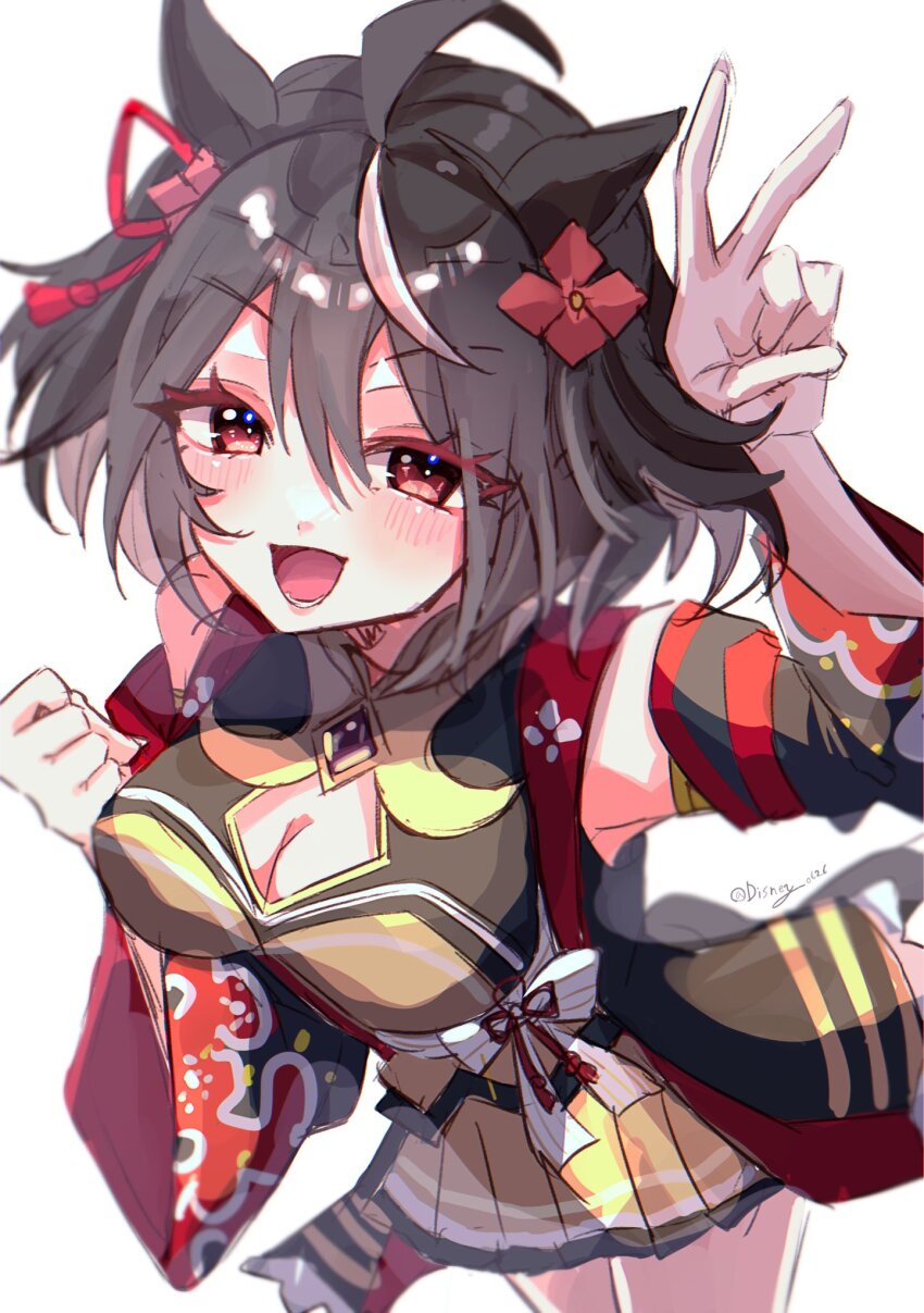 1girl ahoge animal_ears black_gemstone black_hair blush breasts chanchanko_(clothes) cleavage clothing_cutout detached_sleeves disney_o626 ear_ornament flower_ornament gem hair_between_eyes hair_ornament highres horse_ears horse_girl horse_tail kitasan_black_(crowning_ooban)_(umamusume) kitasan_black_(umamusume) large_breasts looking_at_viewer multicolored_hair open_mouth red_eyes rope shimenawa short_hair simple_background smile solo streaked_hair tail umamusume v white_background white_hair