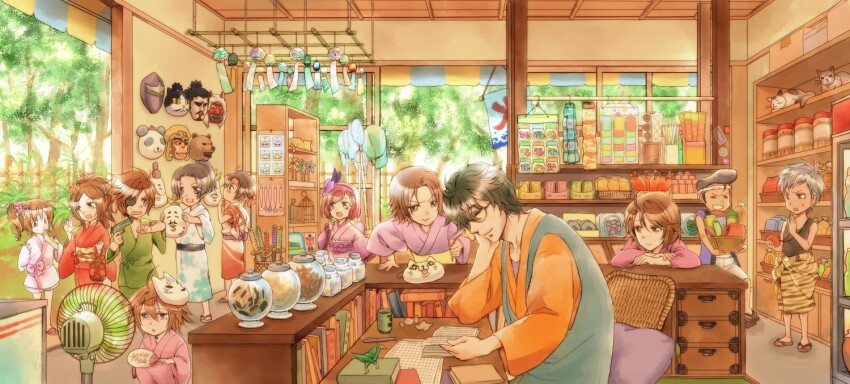 black_hair book brown_hair candy candy_jar cat chair date_masamune electric_fan food fukushima_masanori glasses green_hair hand_fan hosokawa_gracia ishida_mitsunari japanese_clothes jar kaihime kato_kiyomasa kimono kunoichi_(sengoku_musou) mask mouri_motonari naoe_kanetsugu obi pillow red_hair sanada_yukimura_(sengoku_musou) sash sengoku_musou storefront tachibana_ginchiyo tachibana_muneshige tree