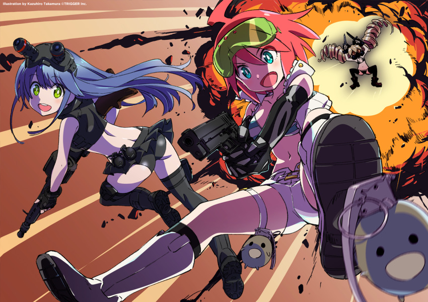 3girls bikini bikini_top_only black_footwear black_legwear blonde_hair blue_hair boots bright_pupils crop_top cropped_vest drill_hair explosion explosive frag_(trigger) gas_mask green_eyes grenade jumping long_hair mask miniskirt multiple_girls muzzle_(trigger) night-vision_device official_art safety_glasses shorts skeleton_print skirt smile spring_(trigger) striped_bikini striped_clothes swimsuit takamura_kazuhiro thigh_strap thighhighs trigger-chan trigger_(company) triggertop twin_drills vest watermark white_footwear white_shorts