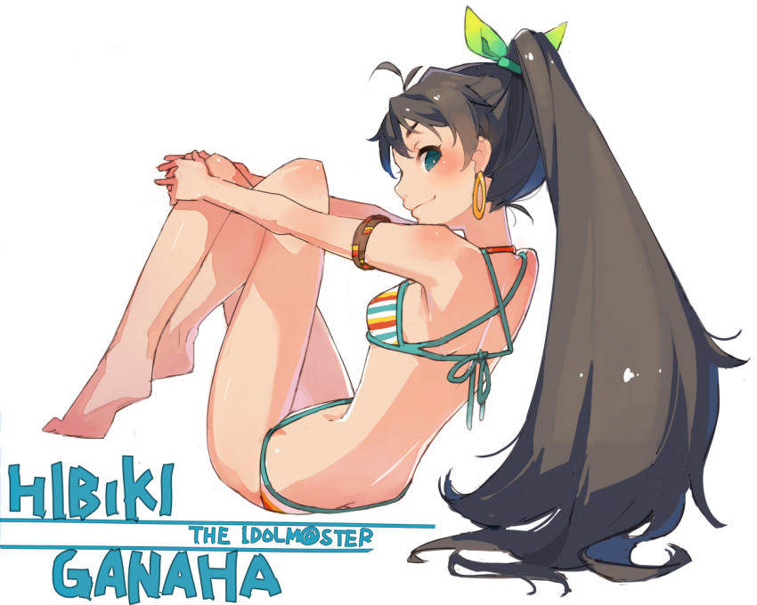 1girl antenna_hair aqua_eyes armlet bare_legs bare_shoulders barefoot bikini blush character_name copyright_name earrings female_focus from_behind ganaha_hibiki hoop_earrings idolmaster idolmaster_(classic) jewelry knees_up long_hair looking_back mmlu_(honwa_karesu) ponytail sitting solo striped_bikini striped_clothes swimsuit very_long_hair