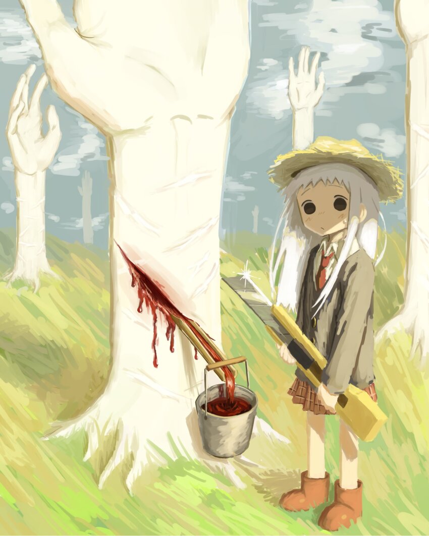 1girl black_eyes blood boots boxcutter bucket buttons cardigan collared_shirt disembodied_hand grass hat highres holding holding_boxcutter injury long_hair necktie original outdoors red_necktie shirt skirt solo sparkle straw_hat surreal white_hair wrist_cutting xuwq1h