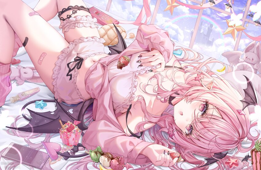1girl ahoge artist_name bandaid breasts carrot cellphone character_request commentary_request crescent food fruit hair_between_eyes highres holding holding_food indie_virtual_youtuber isari_sensei knees_up long_hair long_sleeves looking_at_viewer lying medium_breasts open_mouth phone pink_hair rabbit rainbow star_(symbol) strawberry twintails virtual_youtuber wings