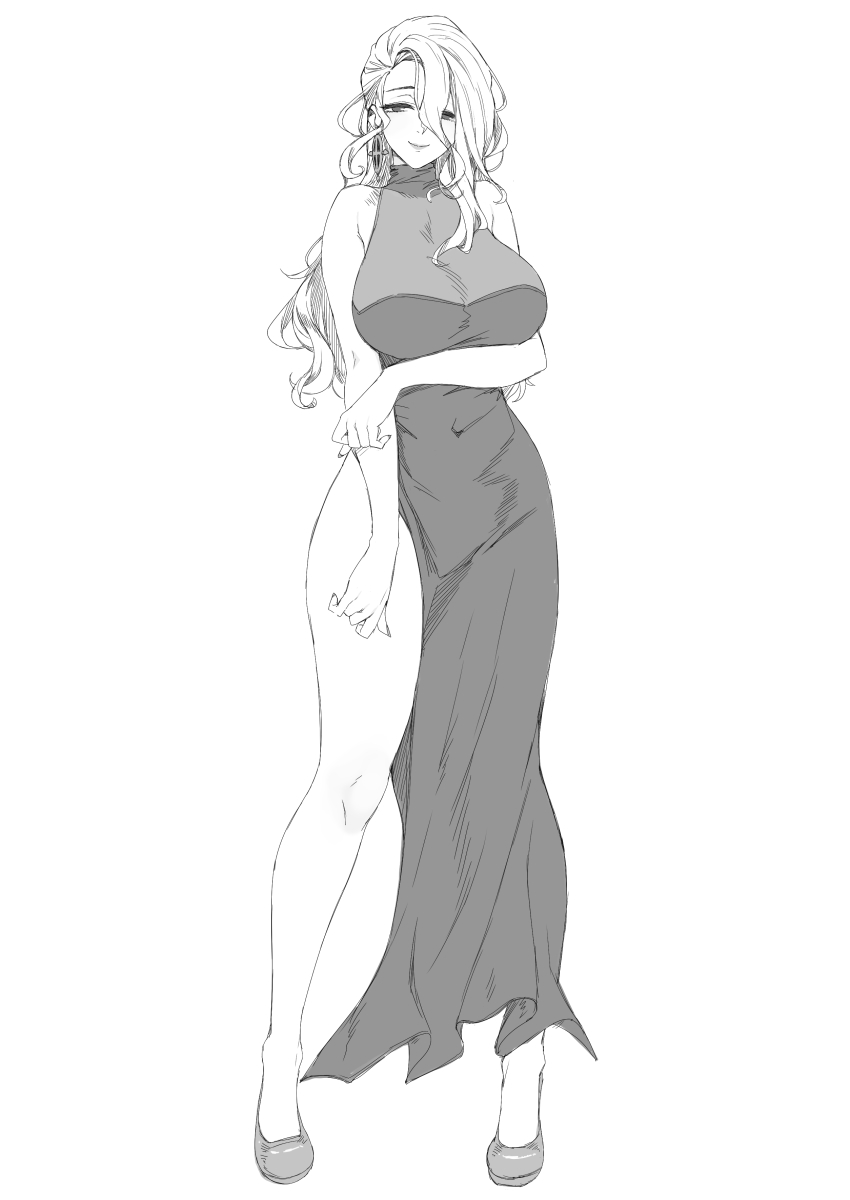 1girl absurdres amy_razor arm_under_breasts breasts covered_navel dress full_body greyscale hair_between_eyes high_heels highres large_breasts last_origin long_dress long_hair looking_at_viewer monochrome sketch sleeveless sleeveless_dress smile solo standing strapless strapless_dress thighs turtleneck turtleneck_dress whoosaku wide_hips