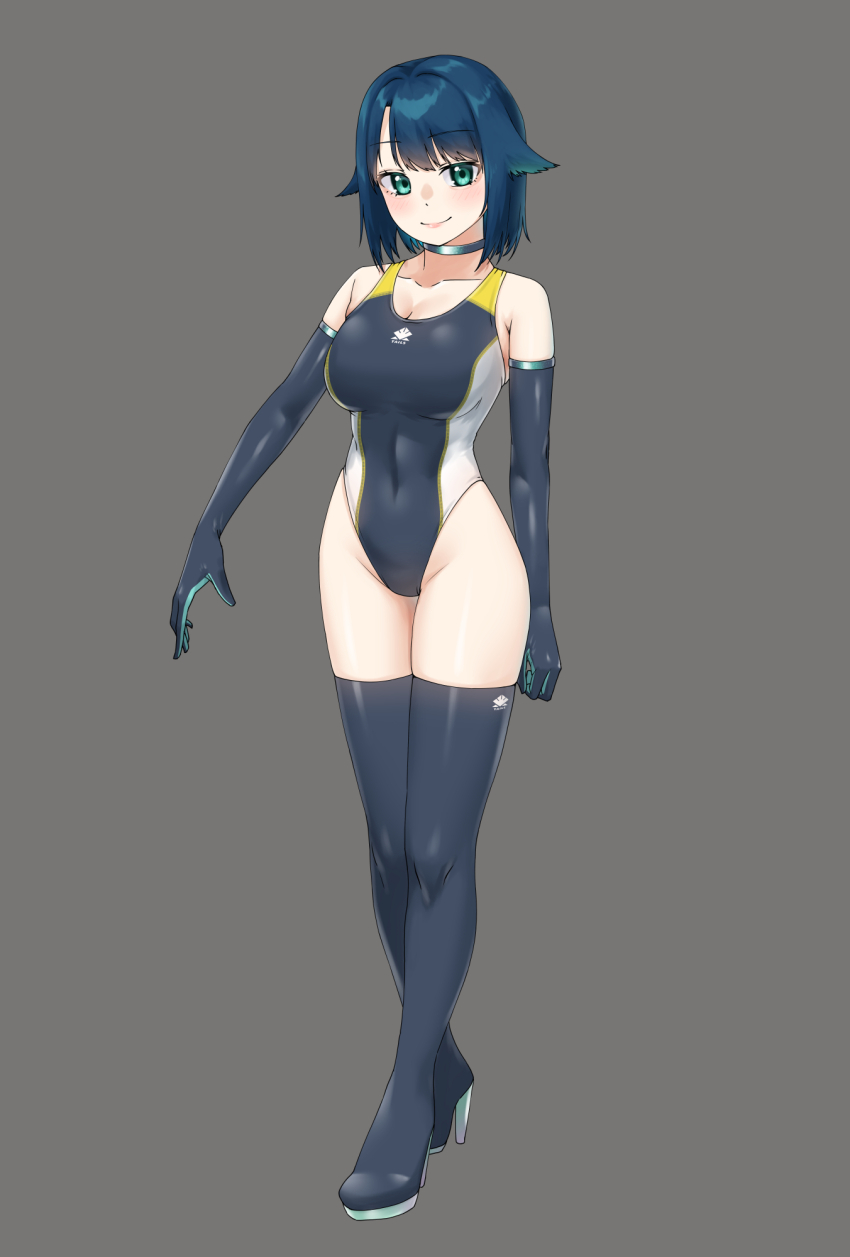 1girl awono_nanaumi black_gloves black_one-piece_swimsuit black_thighhighs blue_hair breasts cleavage closed_mouth collarbone commentary_request competition_swimsuit elbow_gloves fukami_nana_(awono_nanaumi) full_body gloves grey_background hair_flaps hand_up highres large_breasts looking_at_viewer one-piece_swimsuit original short_hair simple_background smile solo swimsuit thighhighs