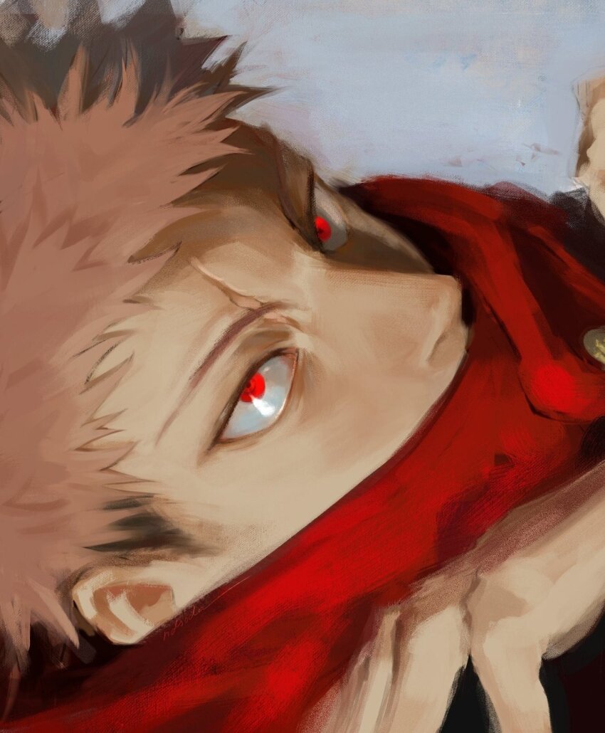 1boy black_hair close-up covered_mouth grey_background highres itadori_yuuji jujutsu_kaisen looking_ahead male_focus multicolored_hair ndsoda pink_hair red_eyes red_scarf scarf short_hair solo two-tone_hair v-shaped_eyebrows