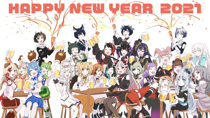 2021 6+girls ahoge alcohol and_uge animal_ears animal_hands animare bandana beer beer_mug black_bow black_bowtie black_hair black_headwear black_hoodie black_jacket black_legwear black_pants black_ribbon black_shirt black_skirt black_sports_bra black_vest blonde_hair blue_bandana blue_eyes blue_hair blue_skirt bob_cut boots bow bowtie braid breasts brown_footwear brown_hair brown_ribbon brown_shirt brown_skirt cabbie_hat cat_ears chain chair character_request closed_eyes closed_mouth collared_shirt commentary_request cone_hair_bun crop_top cropped_jacket crown cup demon_girl demon_horns demon_tail dog dog_ears dress ear_chain ear_piercing earrings eyepatch feet_out_of_frame frilled_cuffs frilled_skirt frills gin_(tttetu123) ginneko_nanashi gloves green_bow green_bowtie green_eyes green_footwear green_hair grey_eyes grey_hair hair_bun hair_ribbon happy_new_year hashiba_natsumi_(animare) hat head_wings heart heart_print highres hira_hikari honey_strap hood hoodie horns inaba_haneru_(animare) jacket jewelry kazami_kuku kisaki_anko kojo_anna kojo_anna_(1st_costume) komori_met komori_met_(1st_costume) kuroneko_nanashi large_breasts linked_piercing long_hair long_sleeves looking_at_viewer medium_hair mikeneko_nanashi mug multicolored_hair multiple_girls nanashi_inc. neck_ribbon neckerchief necktie new_year one_eye_closed open_clothes open_jacket open_mouth open_vest orange_eyes orange_hair orange_hoodie orange_neckerchief pants party party_popper paw_gloves piercing pink_eyes pink_hair pointy_ears polka_dot_bandana polka_dot_bowtie polka_dot_neckerchief purple_eyes purple_hair red_eyes red_hair red_necktie red_sports_bra ribbon ryugasaki_rene ryugasaki_rene_(1st_costume) saionji_mary sekishiro_mico shimamura_charlotte shiromiya_mimi shirt shishio_chris shoes short_hair side_braid single_braid single_hair_bun single_head_wing sitting skirt smile sneakers sports_bra streaked_hair sugar_lyric suou_patra suou_patra_(1st_costume) suspenders table tail thighhighs twintails two-tone_hair two_side_up underboob v_ap_art vest virtual_youtuber white_background white_dress white_hair white_shirt white_vest wings wrist_cuffs yellow_eyes yunohara_izumi