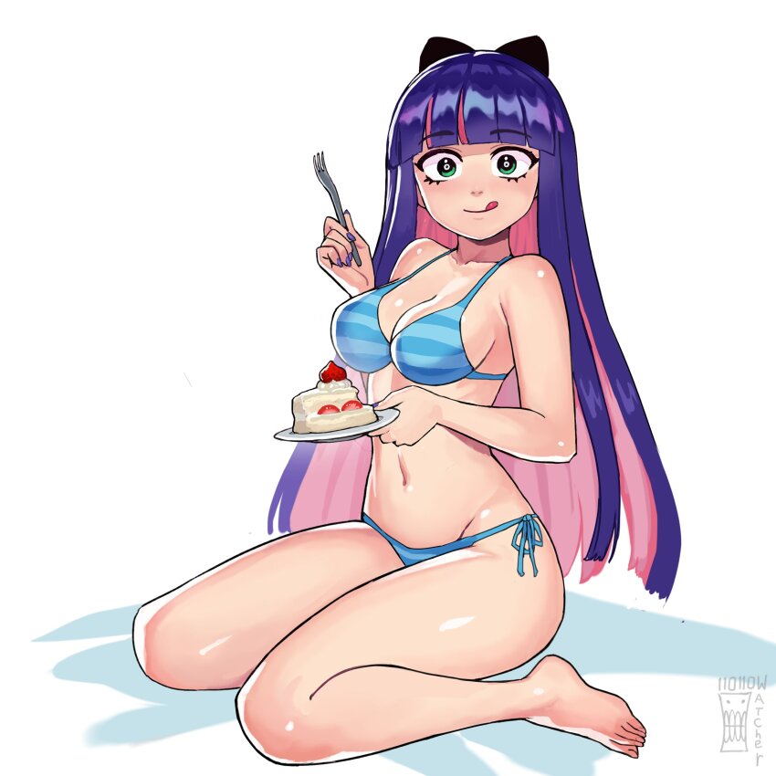 1girl absurdres bikini blue_eyes blue_hair blunt_bangs breasts cake collarbone colored_inner_hair eating food highres large_breasts long_hair looking_at_viewer midriff multicolored_hair navel panty_&amp;_stocking_with_garterbelt pink_hair sitting smile stocking_(psg) striped_bikini striped_clothes swimsuit wariza watcher_hollow