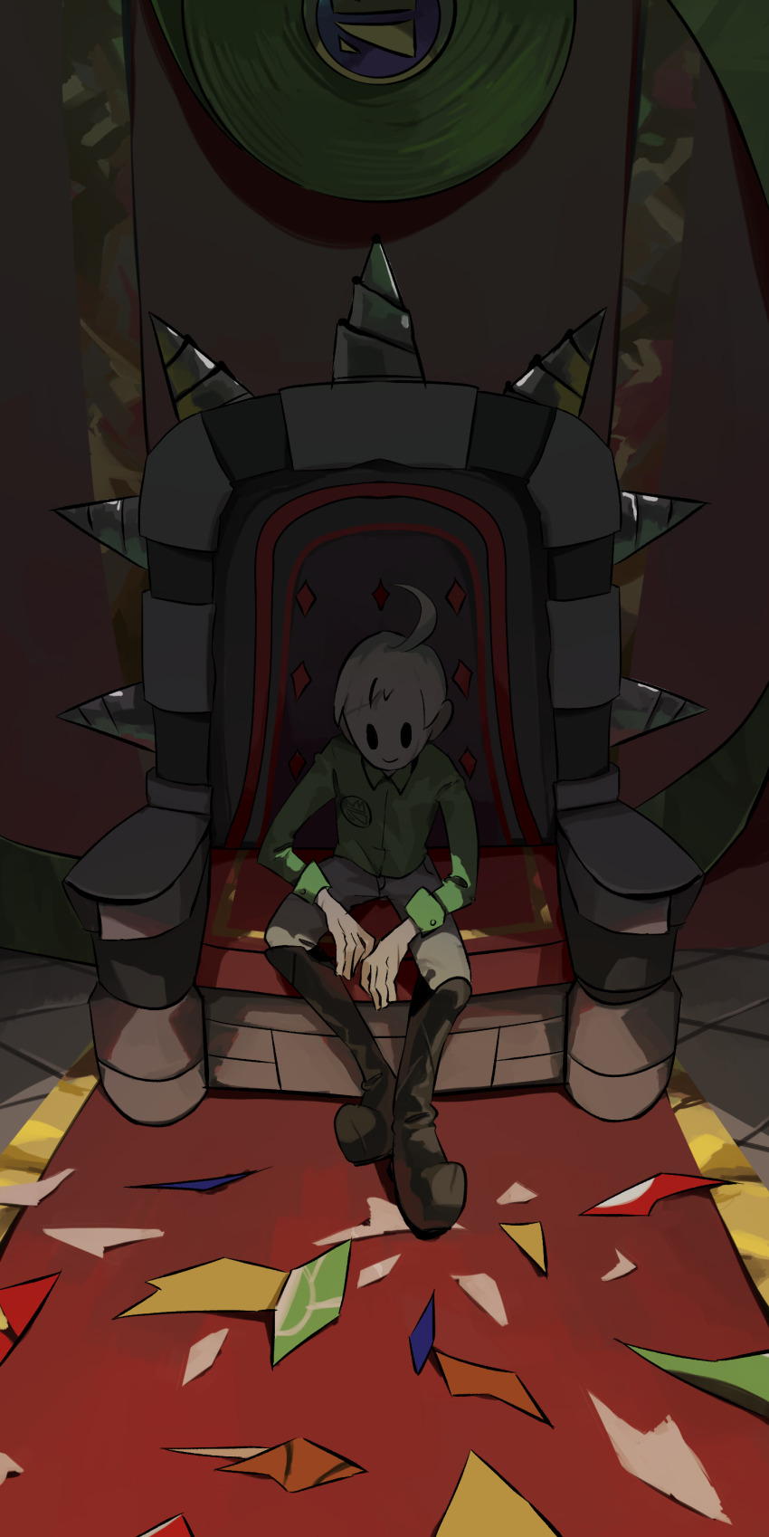 1boy absurdres ahoge arms_on_knees black_boots black_eyes boots buttons closed_mouth collared_shirt confetti dark full_body green_shirt grey_pants happy highres indoors king_olly knee_boots logo long_sleeves male_focus mario_(series) mumumu57hiro nintendo pants paper_mario paper_mario:_the_origami_king personification red_carpet scissors_(paper_mario) shirt short_hair sitting_on_throne sleeve_cuffs smile solid_oval_eyes solo spikes streamers throne_room tile_floor tiles white_hair