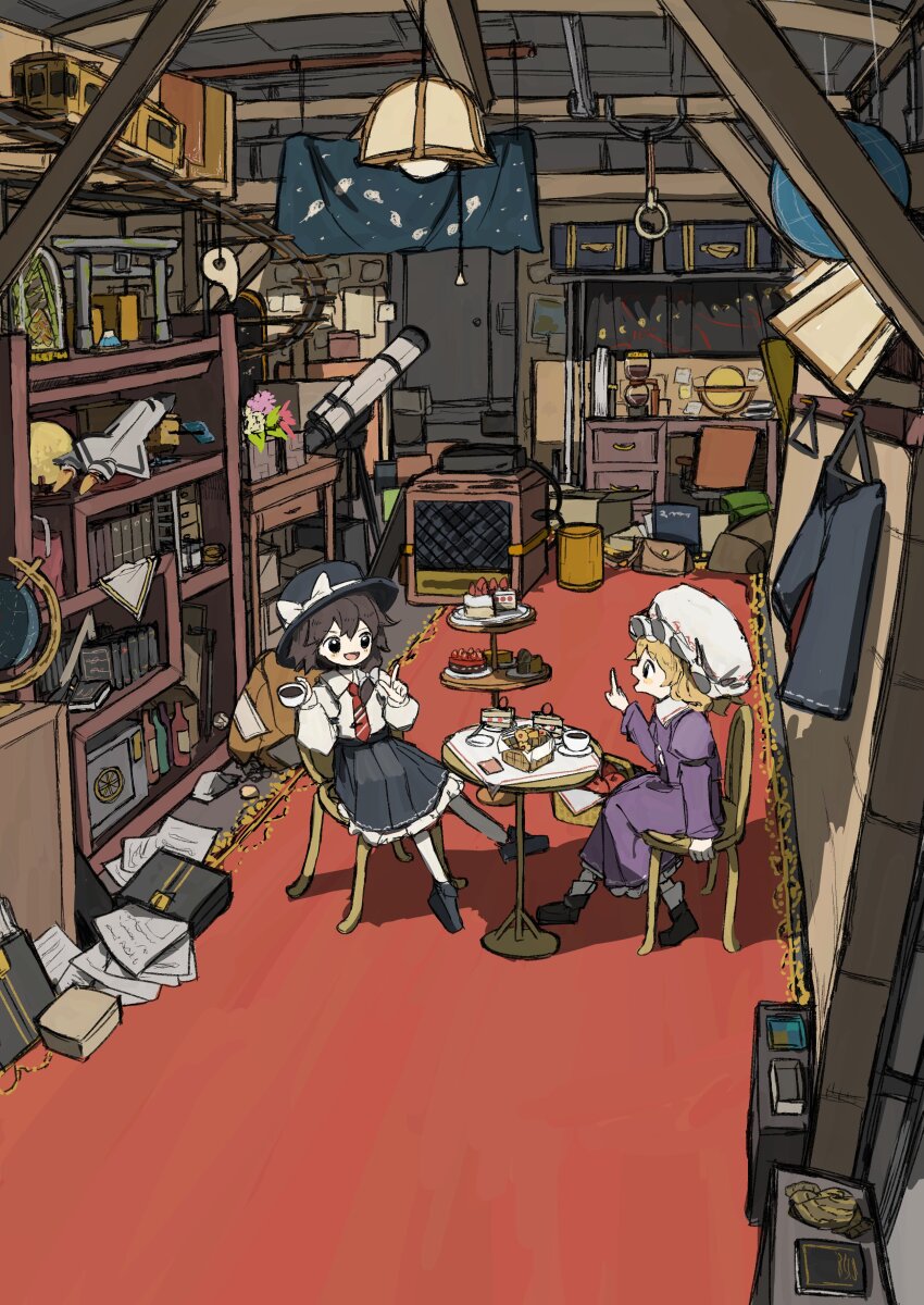 2girls absurdres apple basket black_eyes black_footwear black_hat black_skirt blonde_hair book bookshelf brown_hair cake cake_slice carpet ceiling_light chair clothes_hanger collared_shirt commentary_request cookie cup dress food fruit globe hat highres holding holding_cup index_finger_raised indoors loaded_interior long_sleeves looking_at_another magatama maribel_hearn medium_hair mob_cap model_train multiple_girls necktie neruzou on_chair open_mouth paper pleated_skirt purple_dress red_necktie revision safe_(container) shirt sitting skirt smile space_shuttle spacecraft strawberry_cake suitcase table talking teacup telescope tiered_tray torii touhou unworn_capelet usami_renko white_hat white_shirt wide_shot