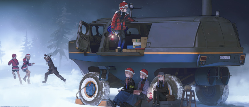 3boys 4girls ^_^ apron arm_up astg baker_nemo_(fate) baker_nemo_(santa)_(fate) beanie black_jumpsuit black_shirt black_shorts blanket blue_eyes blue_hair blue_pantyhose blue_skirt braid braided_ponytail breath brown_hair captain_nemo_(fate) captain_nemo_(santa)_(fate) chasing clone closed_eyes colored_tips commentary_request engineer_nemo_(fate) engineer_nemo_(santa)_(fate) fate/grand_order fate_(series) fur-trimmed_jacket fur_hat fur_trim gift glasses gradient_legwear hair_over_shoulder hat highres holding holding_gift holding_lantern jacket jumpsuit ladder lantern long_hair low-tied_sidelocks low_twintails marine_nemo_(fate) marine_nemo_(santa)_(fate) motor_vehicle multicolored_hair multiple_boys multiple_girls nemo_(fate) night nurse_nemo_(fate) nurse_nemo_(santa)_(fate) outdoors pantyhose pine_tree plaid_clothes plaid_shirt pom_pom_(clothes) professor_nemo_(fate) professor_nemo_(santa)_(fate) raised_fist red_apron red_headwear red_jacket reindeer_hat running santa_hat shirt short_twintails shorts sidelocks sitting sitting_on_object skirt smile snow snow_on_head snowing stepladder tan teapot tree truck twintails ushanka