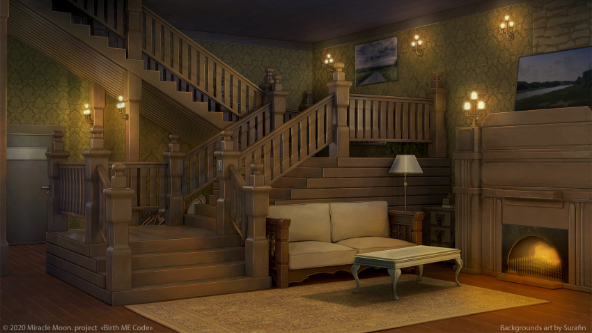 3d carpet couch fence fireplace highres indoors interior no_humans original painting_(object) scenery stairs surafin table wooden_fence wooden_floor