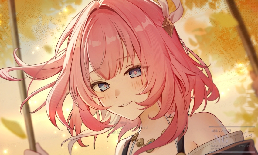 1girl blue_eyes commentary cyrene_(aedes_elysiae)_(honkai:_star_rail) cyrene_(honkai:_star_rail) diamond-shaped_pupils diamond_(shape) gold_necklace grin hair_intakes hair_ornament highres honkai:_star_rail honkai_(series) jewelry light_blush looking_at_viewer miyanami_3 necklace pink_hair pink_pupils portrait short_hair sidelocks smile solo symbol-shaped_pupils watermark