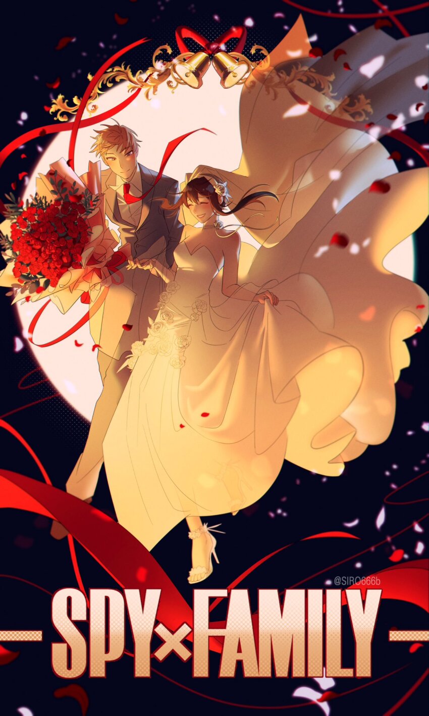 1boy 1girl bare_shoulders bell black_background black_hair blonde_hair blush bouquet breasts bridal_veil bride choker cleavage closed_eyes closed_mouth commentary copyright_name couple dress english_commentary falling_petals floating_clothes floating_hair flower flower_choker flower_hairband full_body hairband high_heels highres holding holding_bouquet holding_hands husband_and_wife interlocked_fingers jacket long_dress long_hair looking_at_another medium_breasts necktie pants parted_lips petals red_flower red_necktie red_ribbon red_rose ribbon rose short_hair sidelocks siro666b smile spy_x_family strapless strapless_dress suit_jacket twilight_(spy_x_family) veil wedding wedding_dress white_dress white_footwear white_hairband white_petals yor_briar