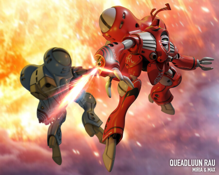 3d absurdres alien arm_cannon armor battle character_name chest_cannon choujikuu_yousai_macross commentary couple debris english_commentary english_text explosion firing firing_at_viewer highres jetpack looking_at_viewer macross macross:_do_you_remember_love? manyeung maximilian_jenius mecha meltrandi millia_jenius missile_pod power_armor queadluun-rau realistic redesign robot robotech science_fiction smoke space sparks spoilers weapon zentlardy_alphabet zentradi