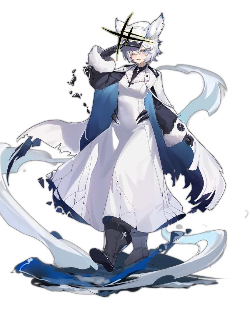 1girl absurdres alchemy_stars black_boots black_gloves blue_eyes boots breasts chinese_commentary commentary_request dress full_body gloves guangsupaomian hand_up hat highres long_sleeves looking_at_viewer one_eye_closed parted_lips philyshy_(alchemy_stars) salute short_hair simple_background small_breasts smile solo walking white_background white_dress white_hair white_hat
