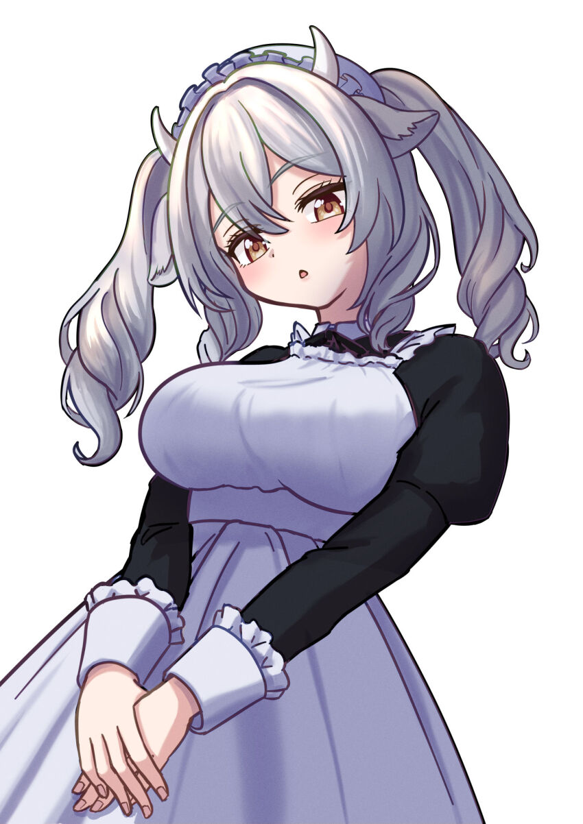 1girl :o alternate_costume animal_ears apron black_dress blush breasts brown_eyes chestnut_mouth collared_dress cow_ears cow_girl cow_horns dress drill_hair enmaided frilled_apron frills from_below goat_ears grey_hair hair_between_eyes head_tilt highres horns juliet_sleeves large_breasts long_hair long_sleeves looking_at_viewer looking_down maid maid_apron maid_headdress medium_hair milltina_(vrchat) open_mouth own_hands_together parted_lips puffy_sleeves sheep_ears simple_background solo twintails v_arms vrchat white_apron white_background white_hair wrist_cuffs yellow_eyes yuri_arata