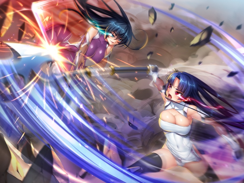 2girls axe bare_shoulders battle battle_axe blue_hair bodysuit boots breasts curvy fighting game_cg holding holding_weapon igawa_asagi jumping kagami_hirotaka katana large_breasts lilith-soft long_hair multiple_girls serious shiny_skin smile sword taimanin_(series) taimanin_asagi taimanin_asagi_zero team violence weapon yatsu_murasaki