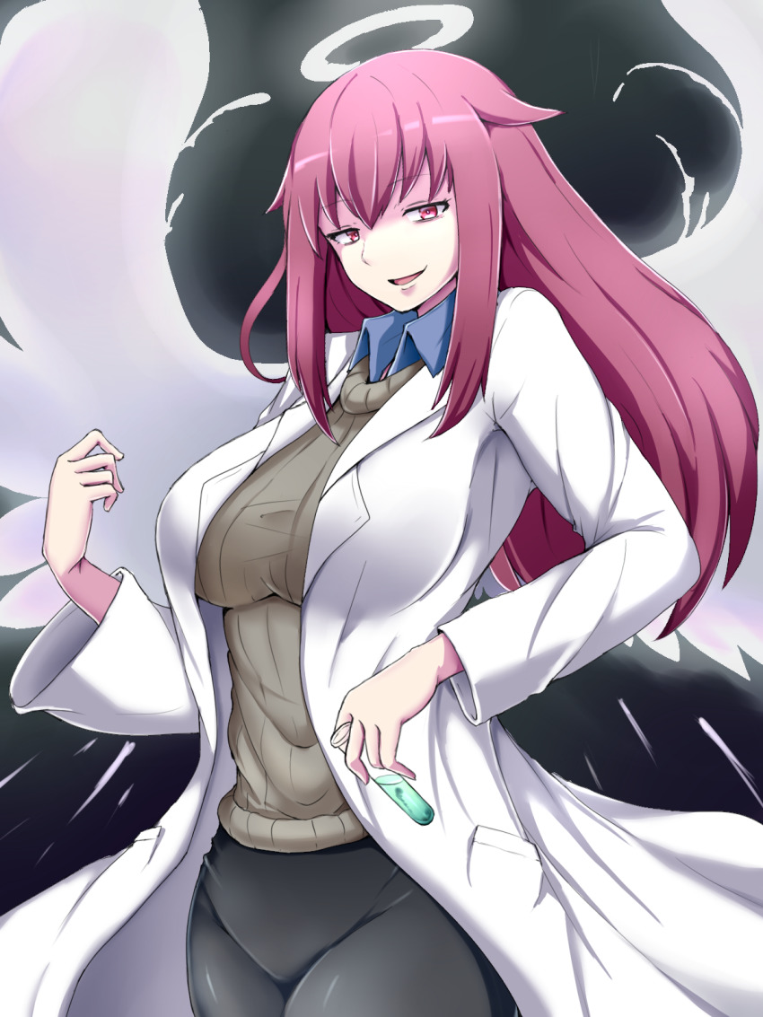1girl angel_wings black_background breasts collared_shirt commentary_request cowboy_shot female_focus hair_between_eyes half-closed_eyes halo highres holding holding_test_tube lab_coat large_breasts long_hair looking_at_viewer mon-musu_quest! open_mouth promestein raichi_(ddq0246) red_eyes red_hair shirt sidelocks simple_background smile solo sweater test_tube wing_collar wings