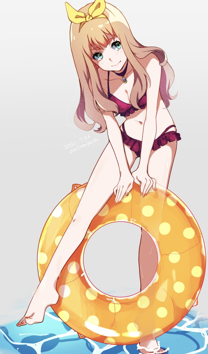 1girl 2021 abicomiyushi bare_arms bare_legs barefoot bikini black_choker blonde_hair bow bow_hairband breasts brown_hair choker cleavage closed_mouth collarbone dated frilled_bikini frills green_eyes grey_background hair_bow hairband hibike!_euphonium highres innertube jewelry long_hair looking_to_the_side medium_breasts multi-strapped_bikini nail_polish navel orange_nails pendant red_bikini smile soaking_feet solo standing swim_ring swimsuit toenail_polish toenails transparent wading yellow_bow yoshikawa_yuuko