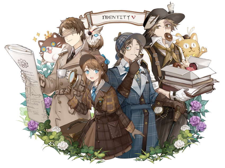 1girl 3boys :d absurdres bird black_neckwear blindfold blouse blue_eyes blue_neckwear brown_gloves brown_hair burn_scar candle cane capelet cat chinese_commentary clover coat collar collared_shirt copyright_name cup deerstalker detective donut eli_clark emma_woods eyepatch flower food food_in_mouth four-leaf_clover freckles gloves green_eyes hat highres holding holding_cup huge_filesize identity_v leaf lizi_(st3648) long_sleeves low_ponytail magnifying_glass mike_morton monocle multiple_boys necktie newspaper norton_campbell official_alternate_costume one_eye_closed open_mouth owl plaid ponytail popped_collar purple_flower scar shirt short_hair sideways_glance simple_background smile smoking_pipe striped suspenders teeth upper_teeth_only vertical_stripes vest white_background white_flower white_shirt white_sleeves yellow_eyes yellow_neckwear