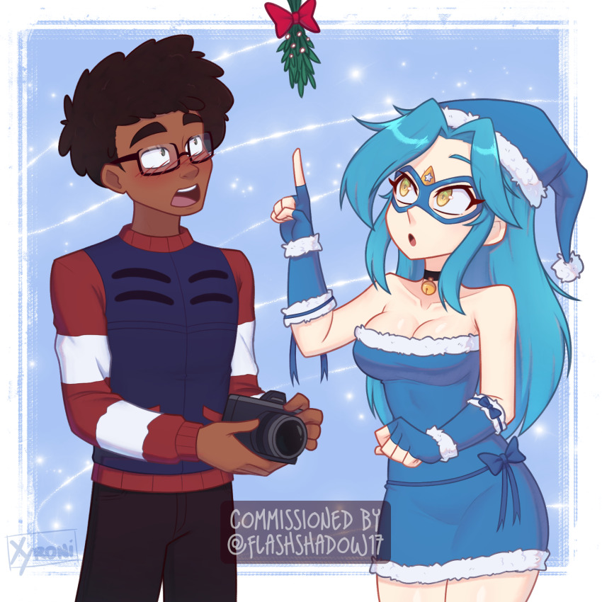 1boy 1girl afro arm_warmers artist_name bell blue_eyes blue_hair blush breasts camera collarbone dark_skin glasses hat highres kamen_america_(comic) kamen_ramen long_hair long_sleeves looking_up mask mistletoe neck_bell pointing pointing_up santa_hat simple_background snow thighs vest xyronii yellow_eyes